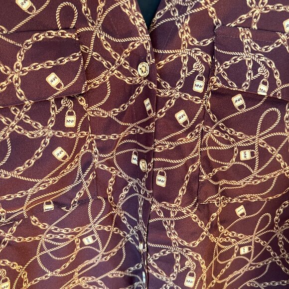 Marc New York Women's Brown Gold Chain Print Button Up Sleeve Blouse Top, Size M - Picture 6 of 11